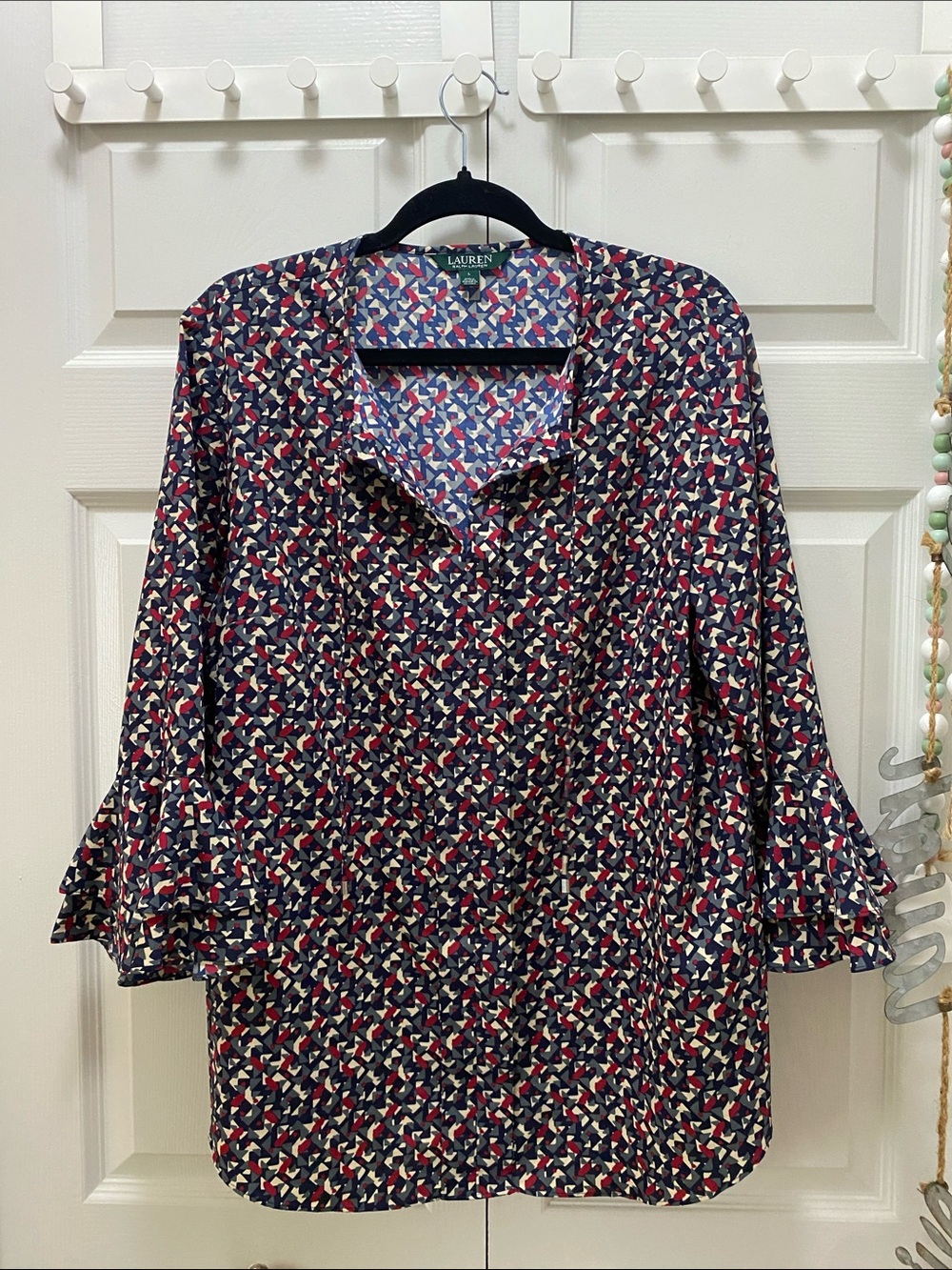 Lauren Ralph Lauren Geometric Long Sleeve Blouse w/ 3/4 Ruffle Hem Sleeves SZ L